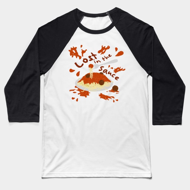 Lost in the Spaghetti Sauce Baseball T-Shirt by Hello Emu Design